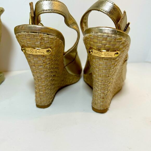 Lilly Pulitzer Kristin Leather Wedge Gold Peep Toe    Preppy Shoes Size 8.5 - Picture 7 of 16